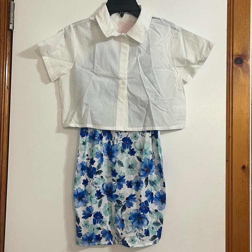 PatPat Girls Two Piece Dress White Shirt & Blue Green white dress Set size 8-9Y